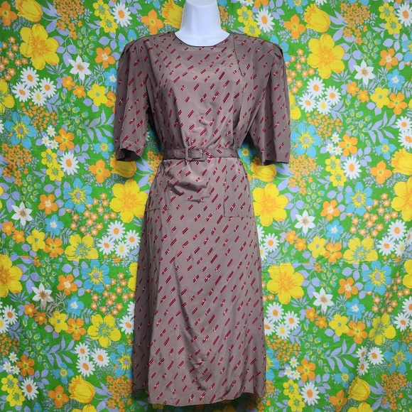 Maggy London Vintage 90s Brown Red Dash Pattern Midi Dress with Belt - Picture 1 of 9